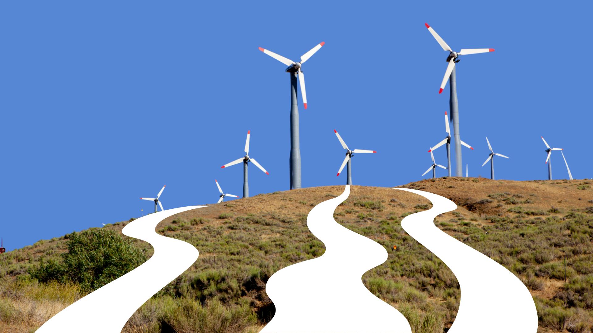 A graphic with illuminated paths up a hill covered in modern windmills